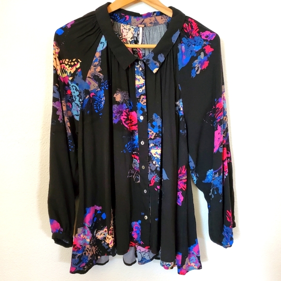 XS Black Floral Free People Oversized Button Blouse Shirt - Picture 1 of 9